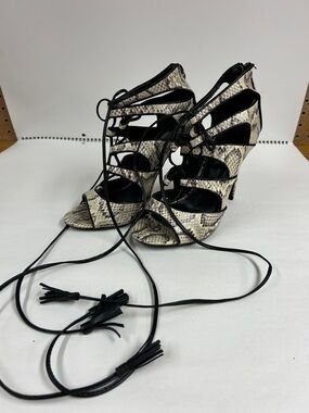 Charlotte Russe Lace-Up Snake-Print Heels in Cream & Black